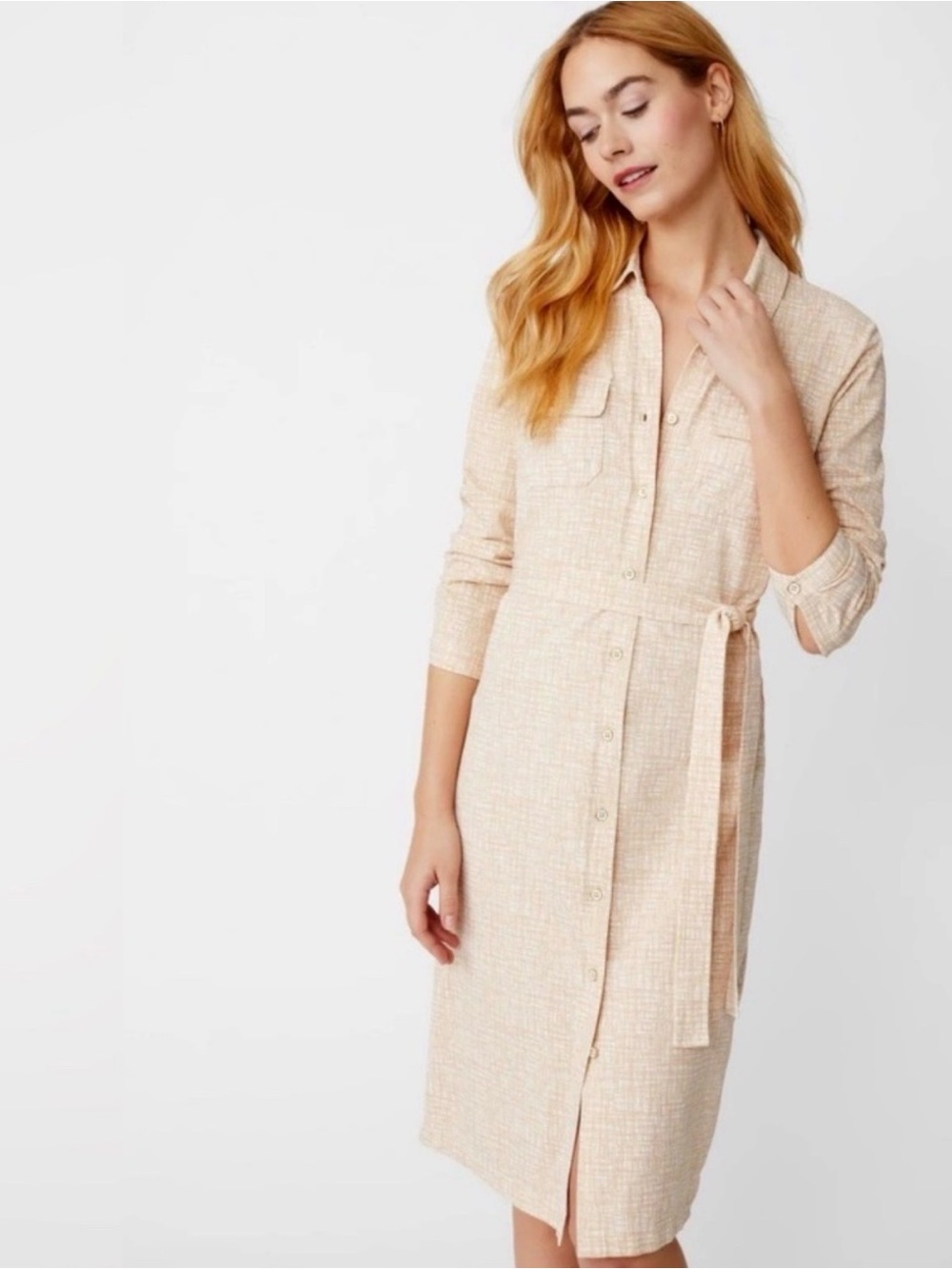 J. McLaughlin Haarlem Dress in Tan and White Penscript Catalina Cloth small